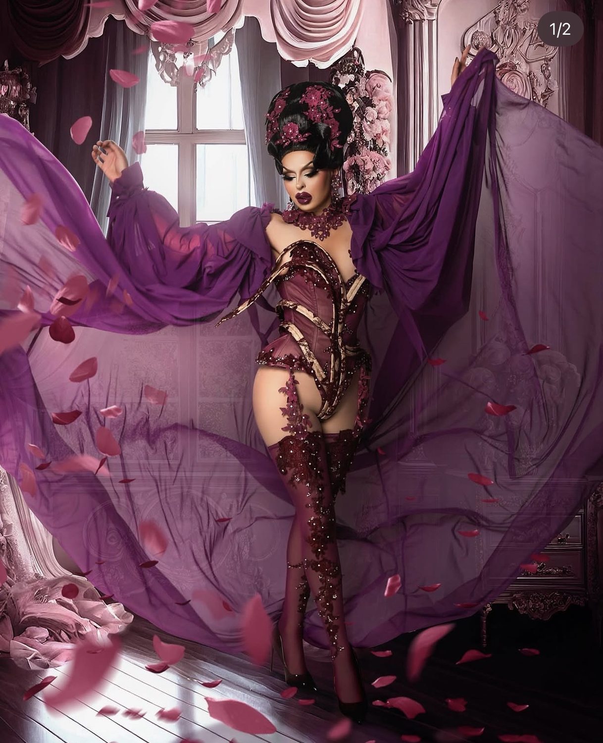 Purple corseted look with flowing chiffon